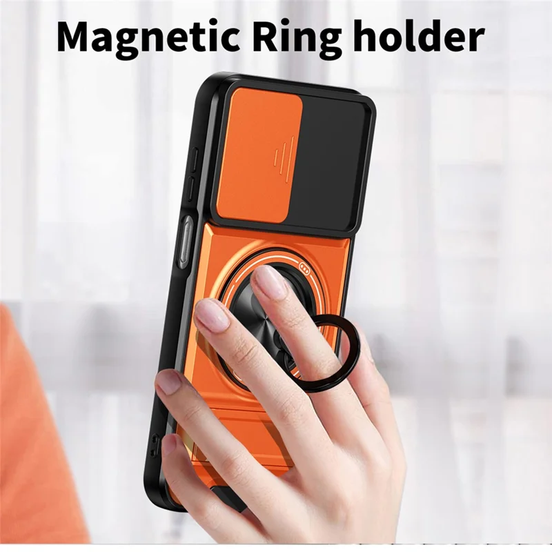 For Samsung Galaxy A15 5G  /  4G Magnetic Case Ring Holder Foldable Kickstand TPU PC Phone Cover with Camera Lens Slider - Orange