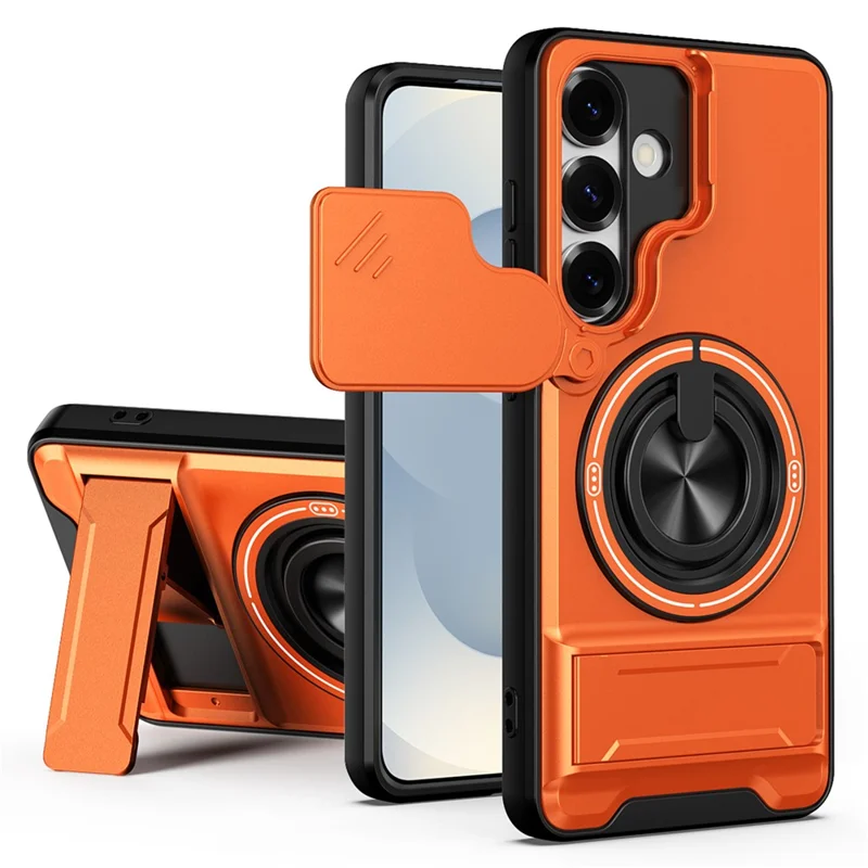 For Samsung Galaxy S25 Magnetic Case Ring Holder Foldable Kickstand TPU PC Phone Cover with Camera Lens Slider - Orange
