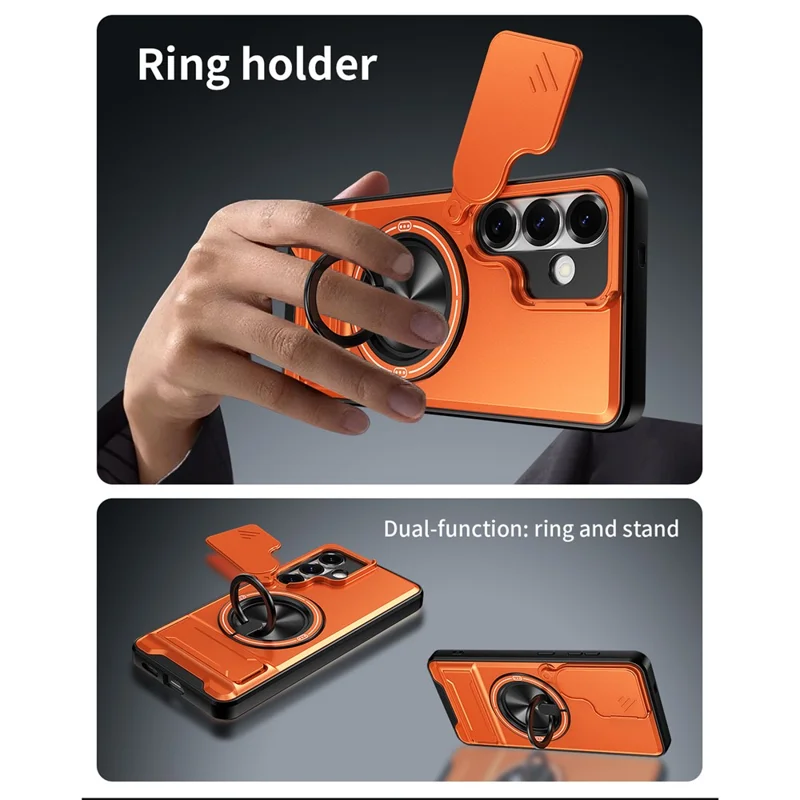 For Samsung Galaxy S25 Magnetic Case Ring Holder Foldable Kickstand TPU PC Phone Cover with Camera Lens Slider - Orange