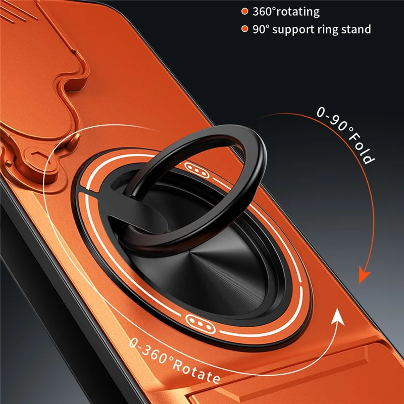 For Samsung Galaxy S25 Magnetic Case Ring Holder Foldable Kickstand TPU PC Phone Cover with Camera Lens Slider - Orange