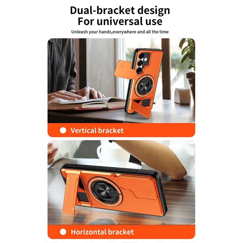 For Samsung Galaxy S25 Magnetic Case Ring Holder Foldable Kickstand TPU PC Phone Cover with Camera Lens Slider - Orange