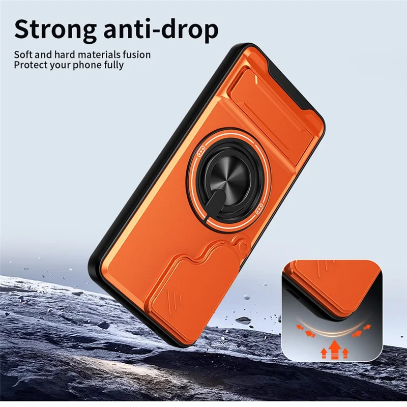 For Samsung Galaxy S25 Magnetic Case Ring Holder Foldable Kickstand TPU PC Phone Cover with Camera Lens Slider - Orange