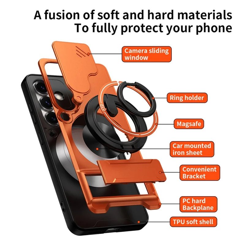 For Samsung Galaxy S25 Magnetic Case Ring Holder Foldable Kickstand TPU PC Phone Cover with Camera Lens Slider - Orange