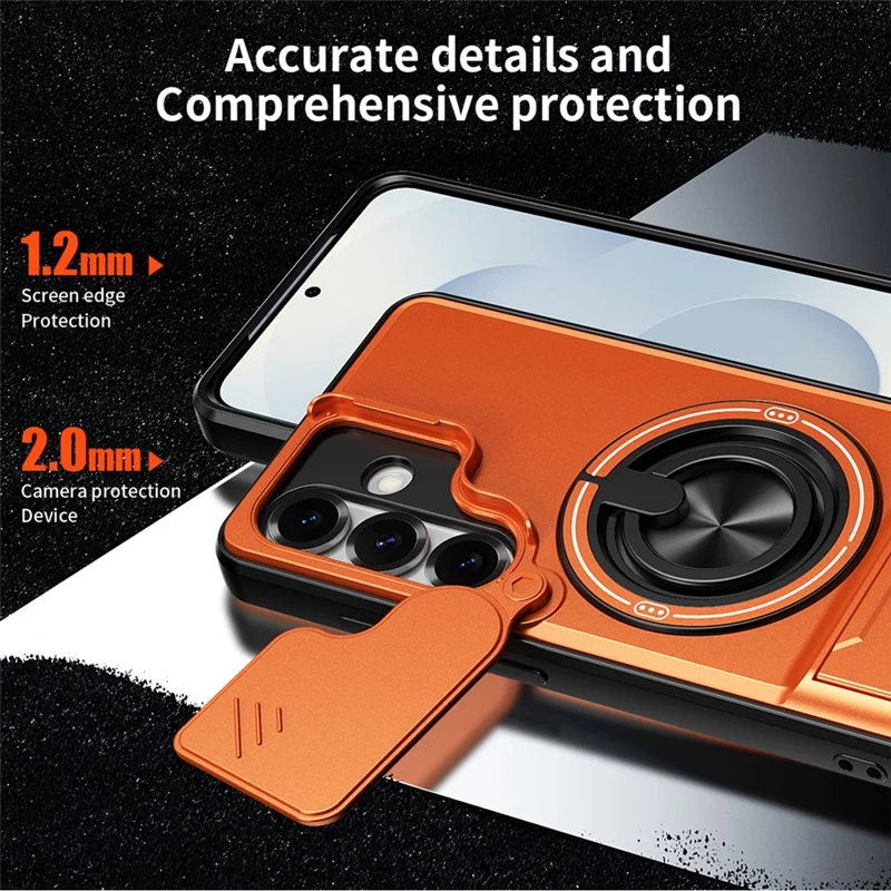 For Samsung Galaxy S25 Magnetic Case Ring Holder Foldable Kickstand TPU PC Phone Cover with Camera Lens Slider - Orange