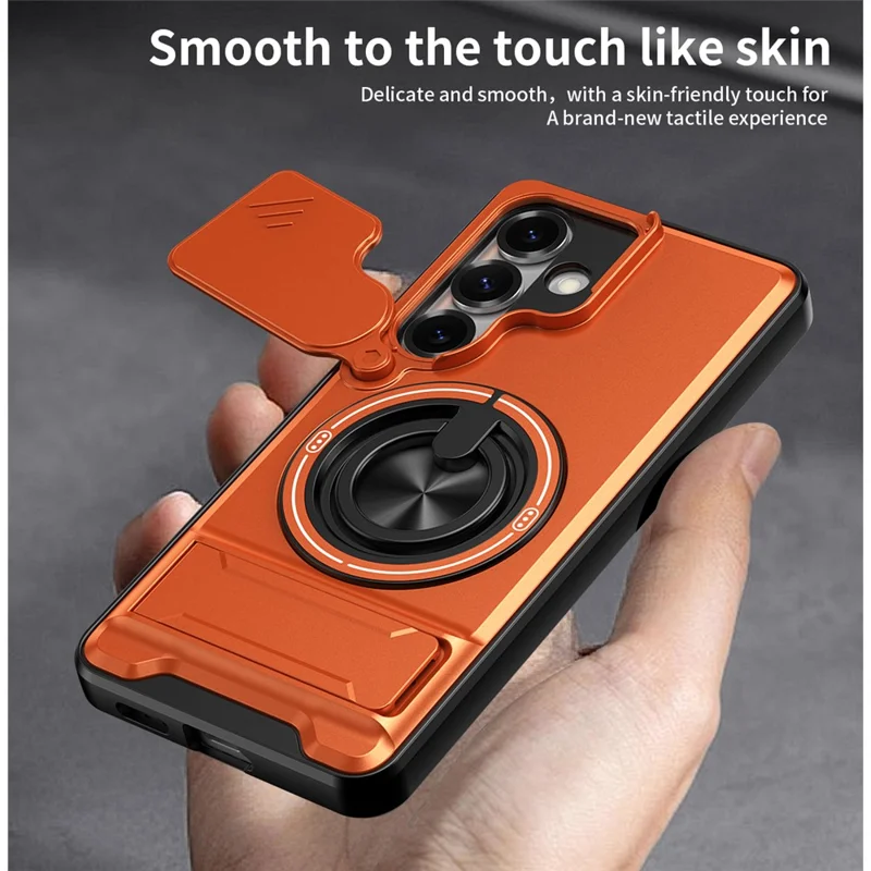 For Samsung Galaxy S25 Magnetic Case Ring Holder Foldable Kickstand TPU PC Phone Cover with Camera Lens Slider - Orange