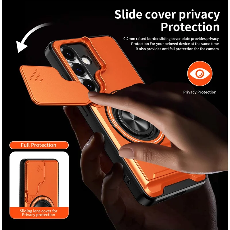 For Samsung Galaxy S25 Magnetic Case Ring Holder Foldable Kickstand TPU PC Phone Cover with Camera Lens Slider - Orange