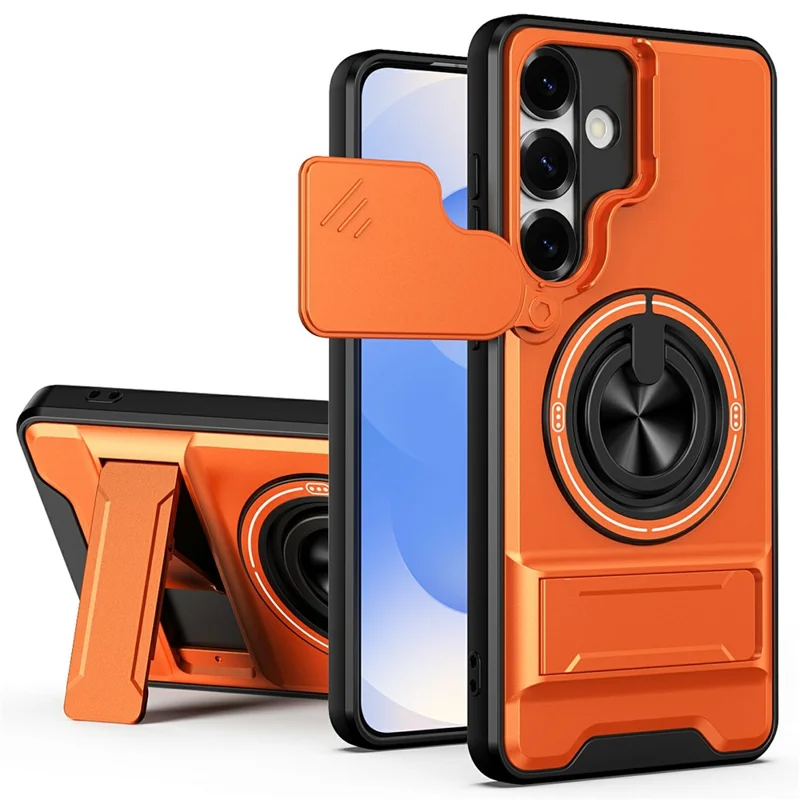 For Samsung Galaxy S25+ Magnetic Case Ring Holder Foldable Kickstand TPU PC Phone Cover with Camera Lens Slider - Orange