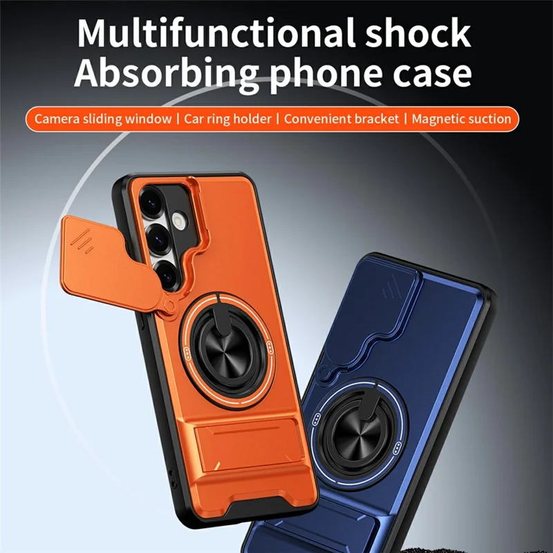 For Samsung Galaxy S25+ Magnetic Case Ring Holder Foldable Kickstand TPU PC Phone Cover with Camera Lens Slider - Orange