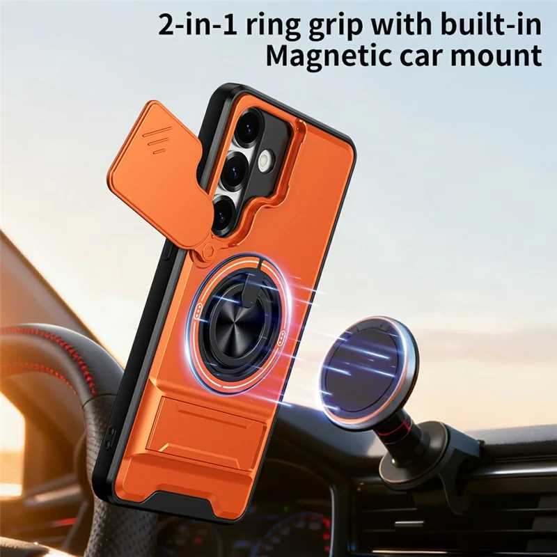 For Samsung Galaxy S25+ Magnetic Case Ring Holder Foldable Kickstand TPU PC Phone Cover with Camera Lens Slider - Orange