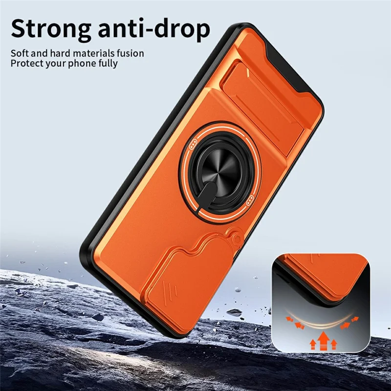 For Samsung Galaxy S25+ Magnetic Case Ring Holder Foldable Kickstand TPU PC Phone Cover with Camera Lens Slider - Orange
