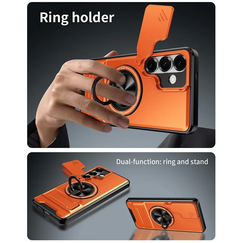 For Samsung Galaxy S25+ Magnetic Case Ring Holder Foldable Kickstand TPU PC Phone Cover with Camera Lens Slider - Orange