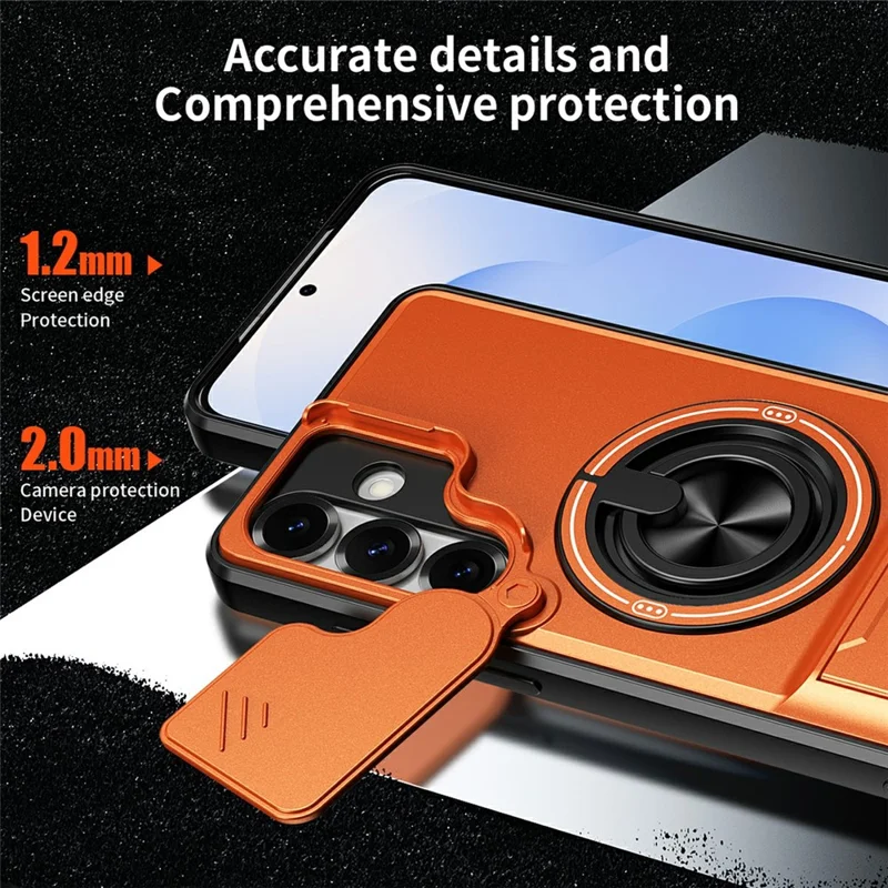 For Samsung Galaxy S25+ Magnetic Case Ring Holder Foldable Kickstand TPU PC Phone Cover with Camera Lens Slider - Orange