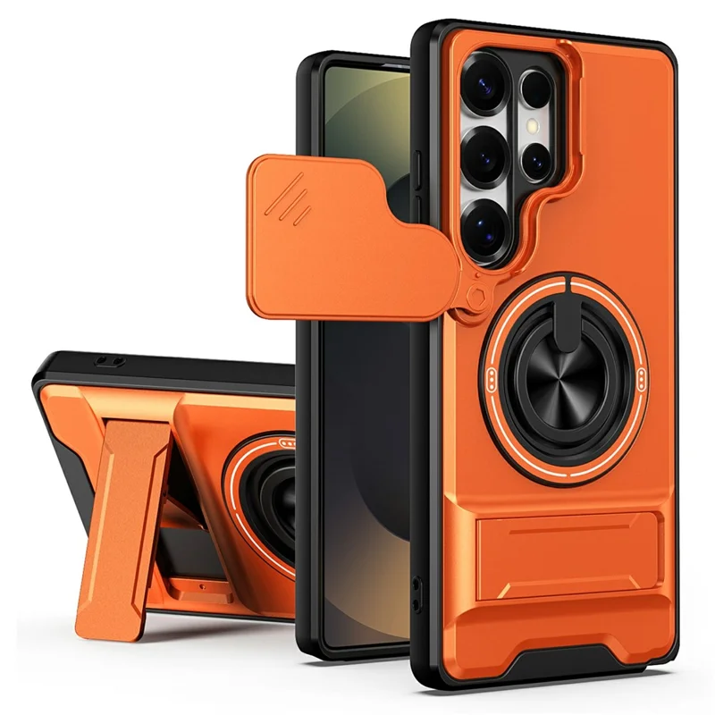 For Samsung Galaxy S25 Ultra Magnetic Case Ring Holder Foldable Kickstand TPU PC Phone Cover with Camera Lens Slider - Orange