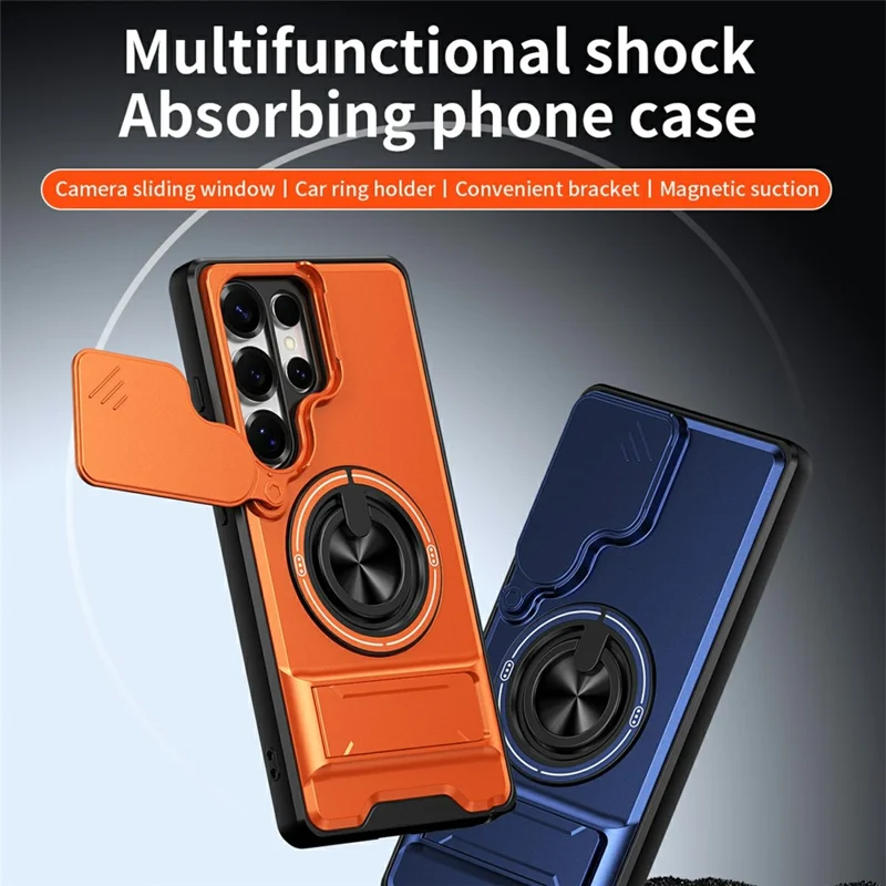 For Samsung Galaxy S25 Ultra Magnetic Case Ring Holder Foldable Kickstand TPU PC Phone Cover with Camera Lens Slider - Orange