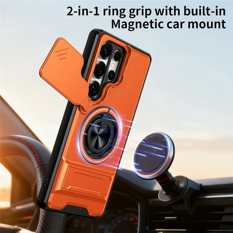 For Samsung Galaxy S25 Ultra Magnetic Case Ring Holder Foldable Kickstand TPU PC Phone Cover with Camera Lens Slider - Orange