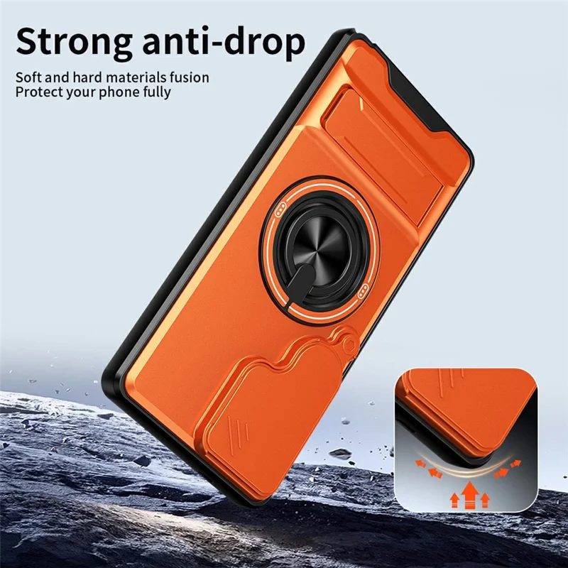 For Samsung Galaxy S25 Ultra Magnetic Case Ring Holder Foldable Kickstand TPU PC Phone Cover with Camera Lens Slider - Orange
