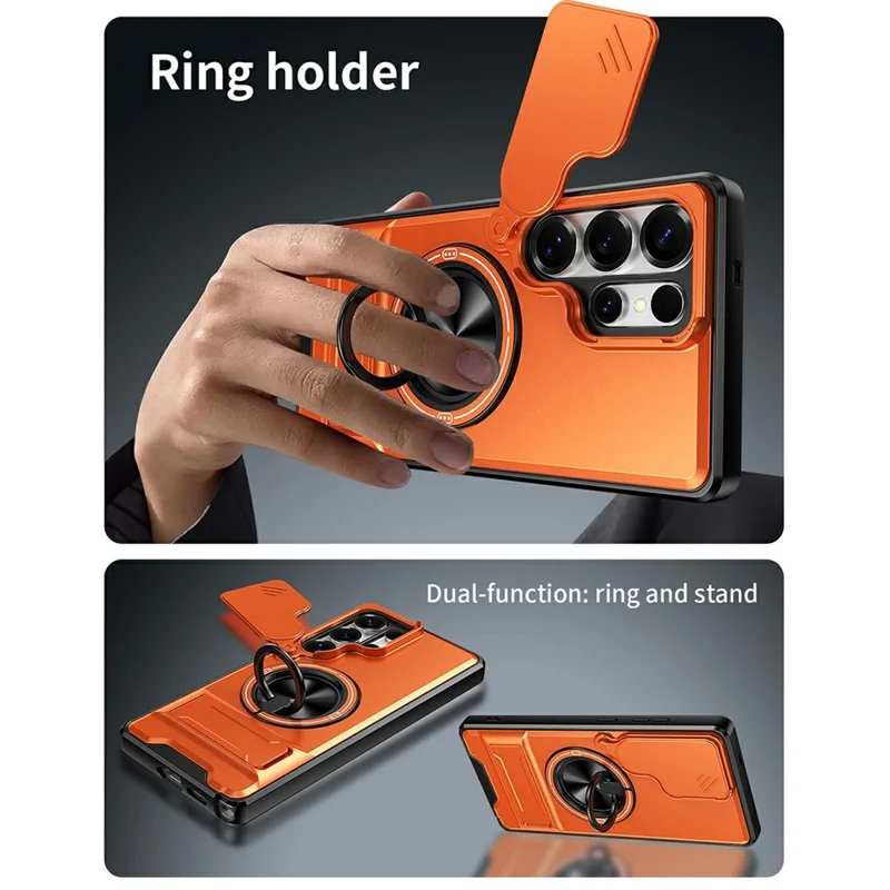 For Samsung Galaxy S25 Ultra Magnetic Case Ring Holder Foldable Kickstand TPU PC Phone Cover with Camera Lens Slider - Orange