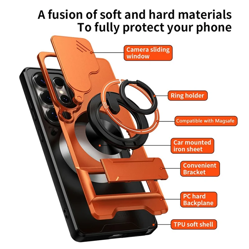 For Samsung Galaxy S25 Ultra Magnetic Case Ring Holder Foldable Kickstand TPU PC Phone Cover with Camera Lens Slider - Orange