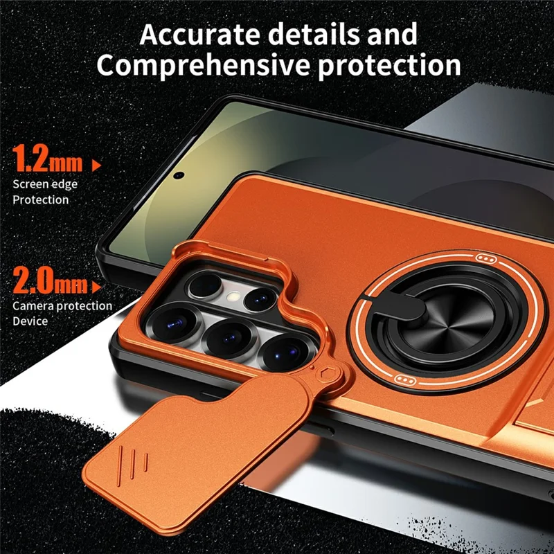 For Samsung Galaxy S25 Ultra Magnetic Case Ring Holder Foldable Kickstand TPU PC Phone Cover with Camera Lens Slider - Orange