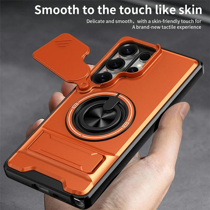 For Samsung Galaxy S25 Ultra Magnetic Case Ring Holder Foldable Kickstand TPU PC Phone Cover with Camera Lens Slider - Orange
