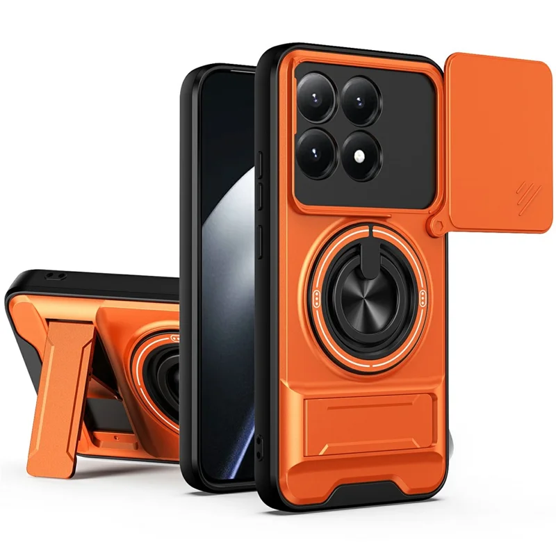 For Xiaomi 15T Magnetic Case Ring Holder Foldable Kickstand TPU PC Phone Cover with Camera Lens Slider - Orange