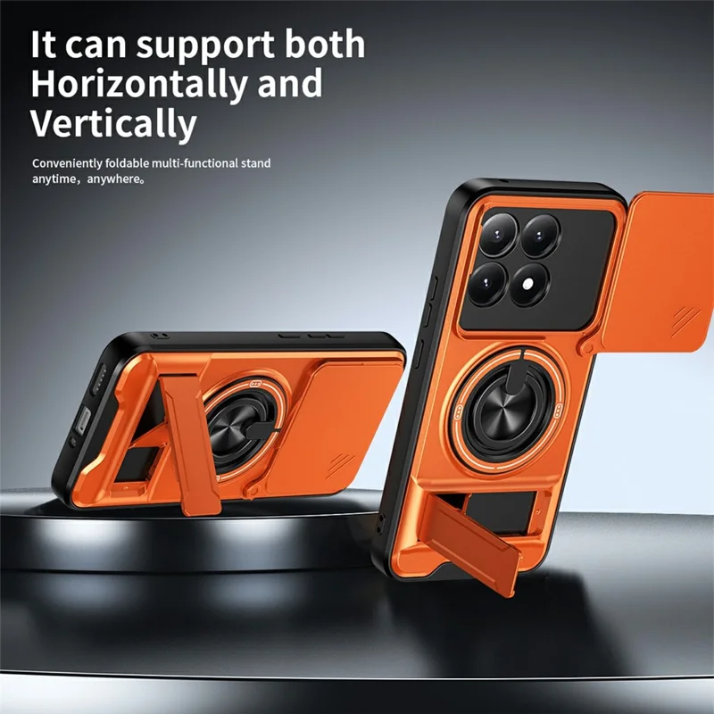 For Xiaomi 15T Magnetic Case Ring Holder Foldable Kickstand TPU PC Phone Cover with Camera Lens Slider - Orange