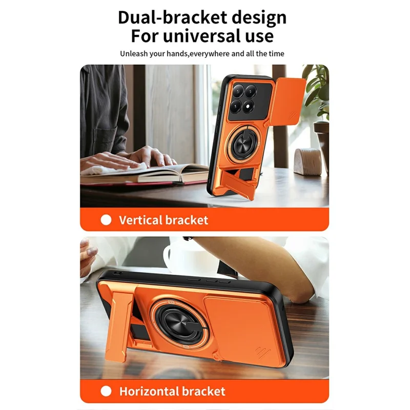 For Xiaomi 15T Magnetic Case Ring Holder Foldable Kickstand TPU PC Phone Cover with Camera Lens Slider - Orange