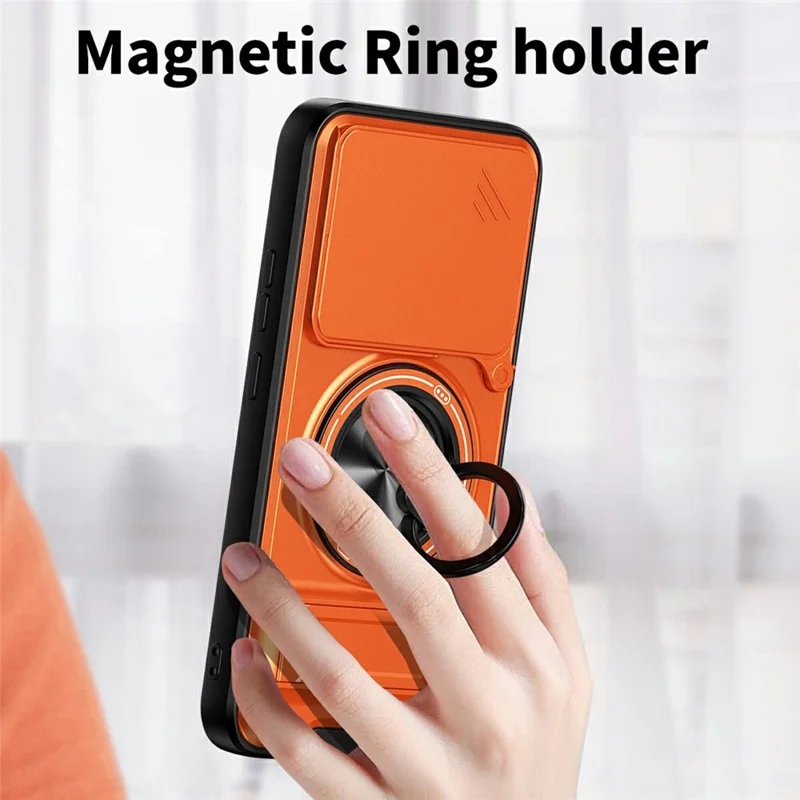 For Xiaomi 15T Magnetic Case Ring Holder Foldable Kickstand TPU PC Phone Cover with Camera Lens Slider - Orange