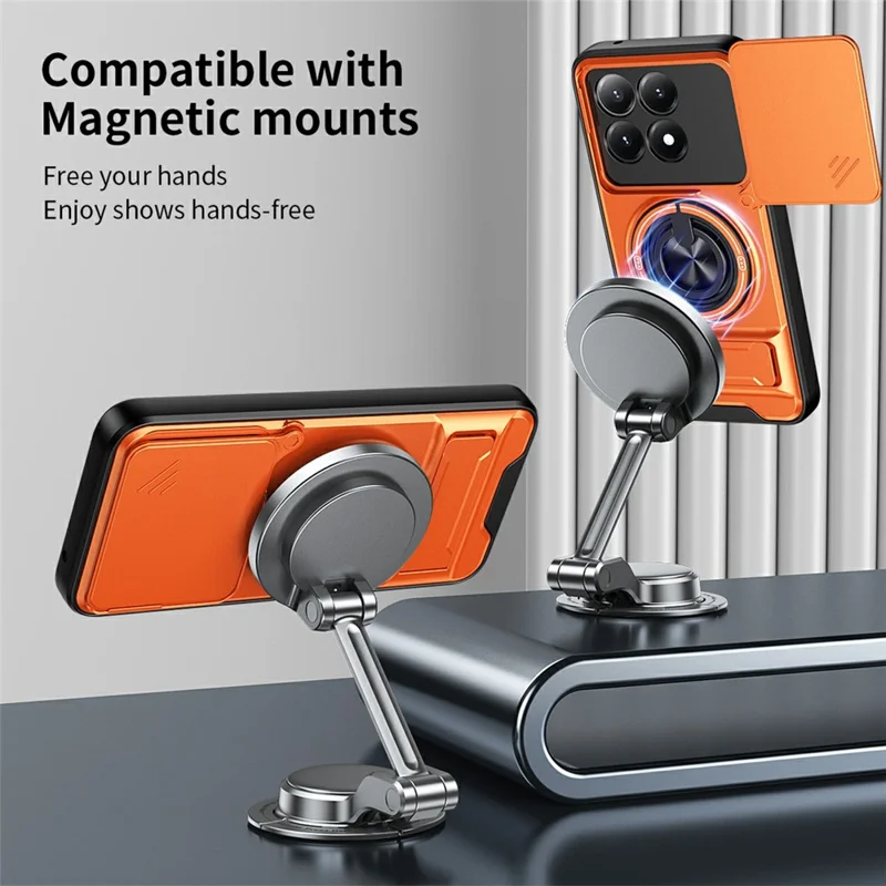 For Xiaomi 15T Magnetic Case Ring Holder Foldable Kickstand TPU PC Phone Cover with Camera Lens Slider - Orange