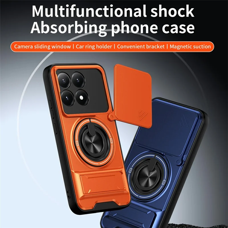 For Xiaomi 15T Magnetic Case Ring Holder Foldable Kickstand TPU PC Phone Cover with Camera Lens Slider - Orange
