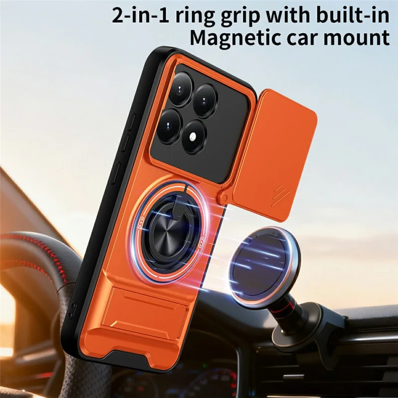 For Xiaomi 15T Magnetic Case Ring Holder Foldable Kickstand TPU PC Phone Cover with Camera Lens Slider - Orange