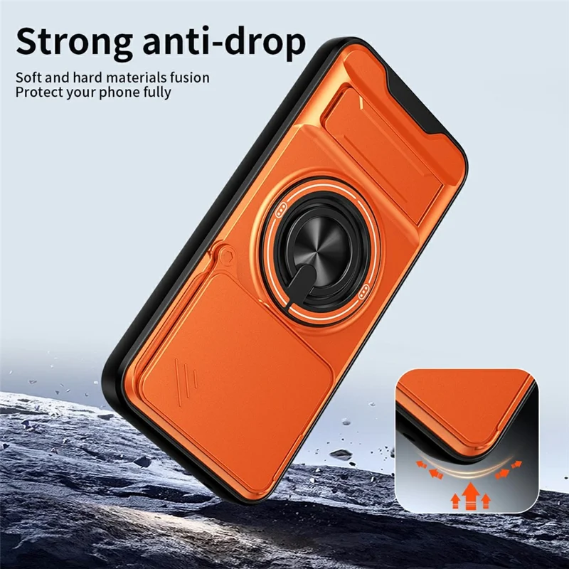 For Xiaomi 15T Magnetic Case Ring Holder Foldable Kickstand TPU PC Phone Cover with Camera Lens Slider - Orange