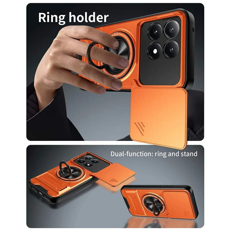 For Xiaomi 15T Magnetic Case Ring Holder Foldable Kickstand TPU PC Phone Cover with Camera Lens Slider - Orange