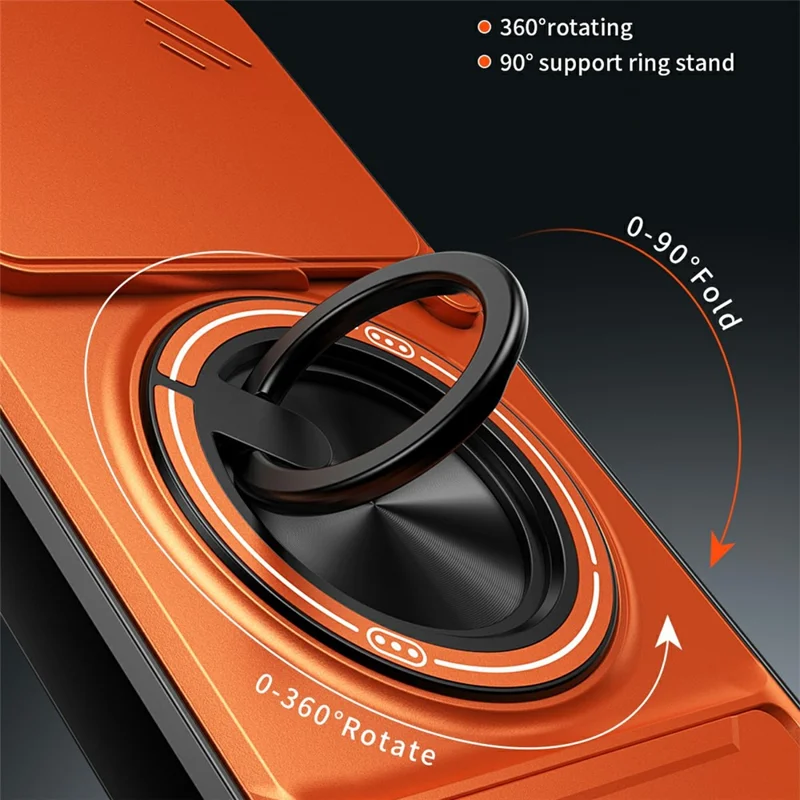 For Xiaomi 15T Magnetic Case Ring Holder Foldable Kickstand TPU PC Phone Cover with Camera Lens Slider - Orange