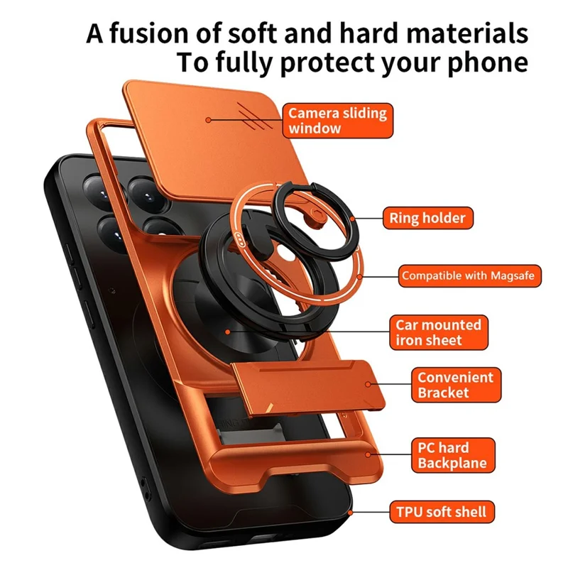 For Xiaomi 15T Magnetic Case Ring Holder Foldable Kickstand TPU PC Phone Cover with Camera Lens Slider - Orange