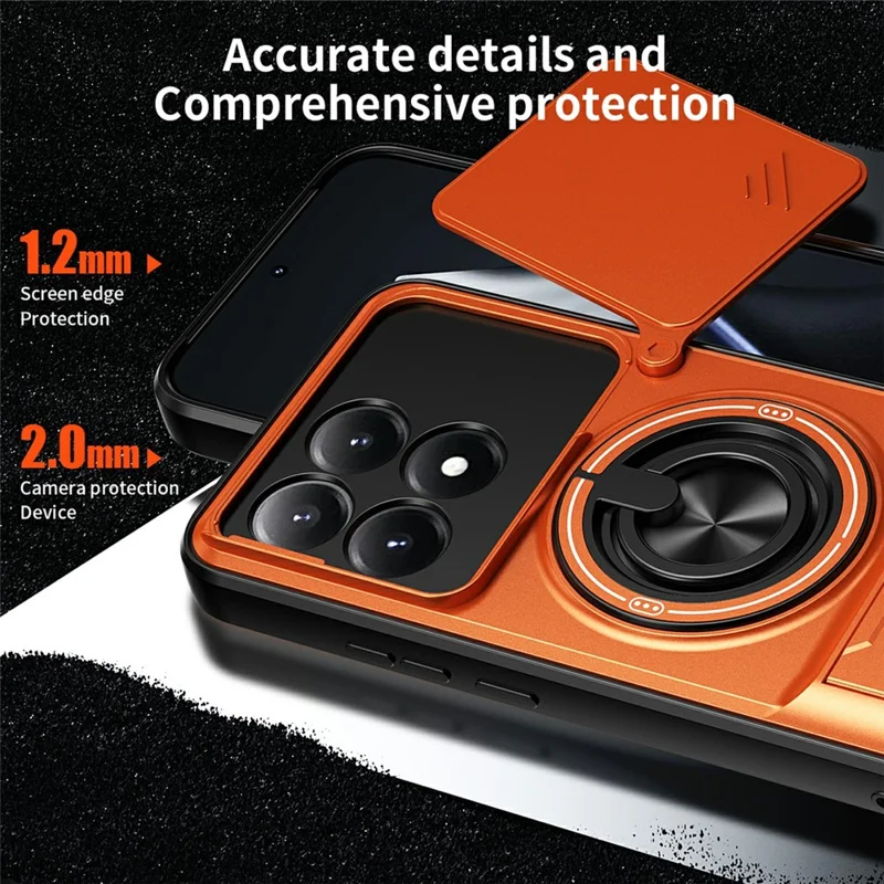 For Xiaomi 15T Magnetic Case Ring Holder Foldable Kickstand TPU PC Phone Cover with Camera Lens Slider - Orange
