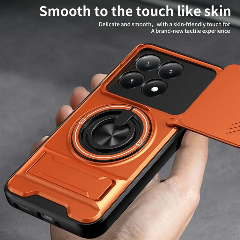 For Xiaomi 15T Magnetic Case Ring Holder Foldable Kickstand TPU PC Phone Cover with Camera Lens Slider - Orange