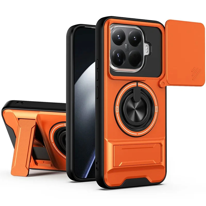 For Xiaomi 15T Pro Magnetic Case Ring Holder Foldable Kickstand TPU PC Phone Cover with Camera Lens Slider - Orange