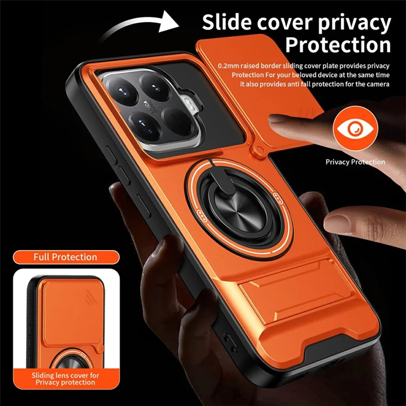 For Xiaomi 15T Pro Magnetic Case Ring Holder Foldable Kickstand TPU PC Phone Cover with Camera Lens Slider - Orange