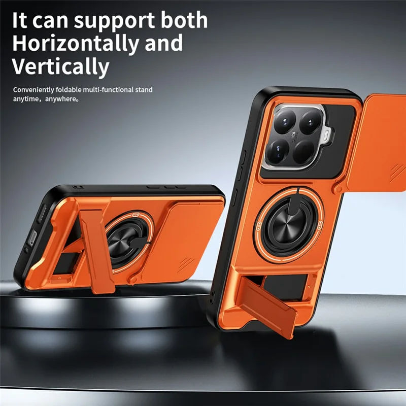 For Xiaomi 15T Pro Magnetic Case Ring Holder Foldable Kickstand TPU PC Phone Cover with Camera Lens Slider - Orange