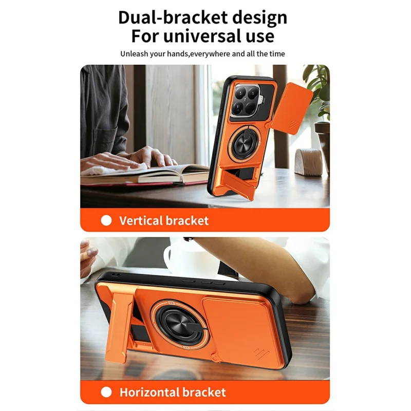 For Xiaomi 15T Pro Magnetic Case Ring Holder Foldable Kickstand TPU PC Phone Cover with Camera Lens Slider - Orange