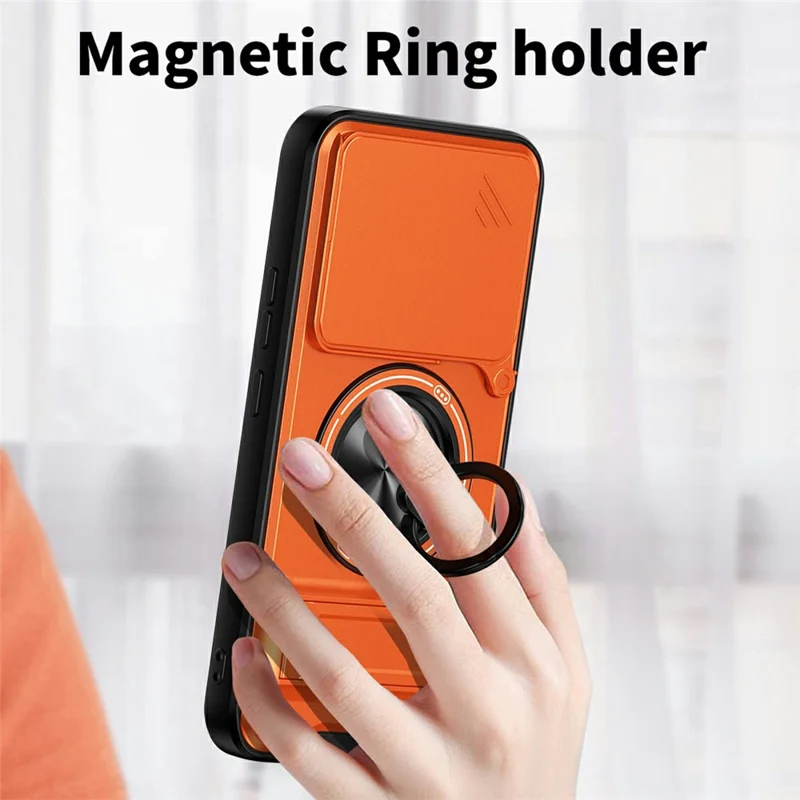 For Xiaomi 15T Pro Magnetic Case Ring Holder Foldable Kickstand TPU PC Phone Cover with Camera Lens Slider - Orange
