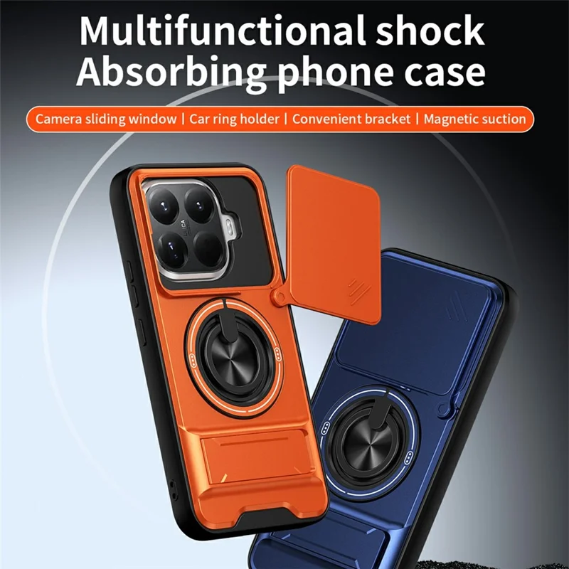 For Xiaomi 15T Pro Magnetic Case Ring Holder Foldable Kickstand TPU PC Phone Cover with Camera Lens Slider - Orange