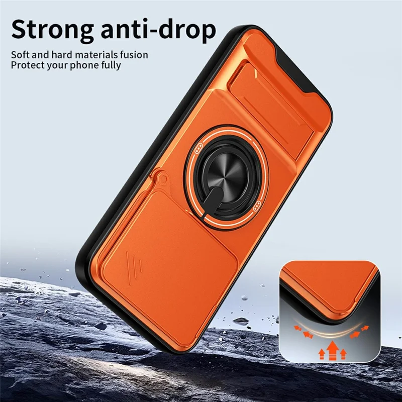 For Xiaomi 15T Pro Magnetic Case Ring Holder Foldable Kickstand TPU PC Phone Cover with Camera Lens Slider - Orange