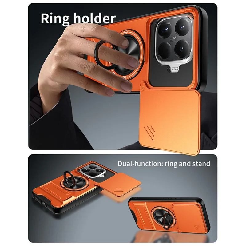 For Xiaomi 15T Pro Magnetic Case Ring Holder Foldable Kickstand TPU PC Phone Cover with Camera Lens Slider - Orange