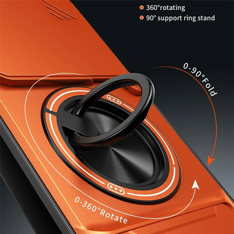 For Xiaomi 15T Pro Magnetic Case Ring Holder Foldable Kickstand TPU PC Phone Cover with Camera Lens Slider - Orange