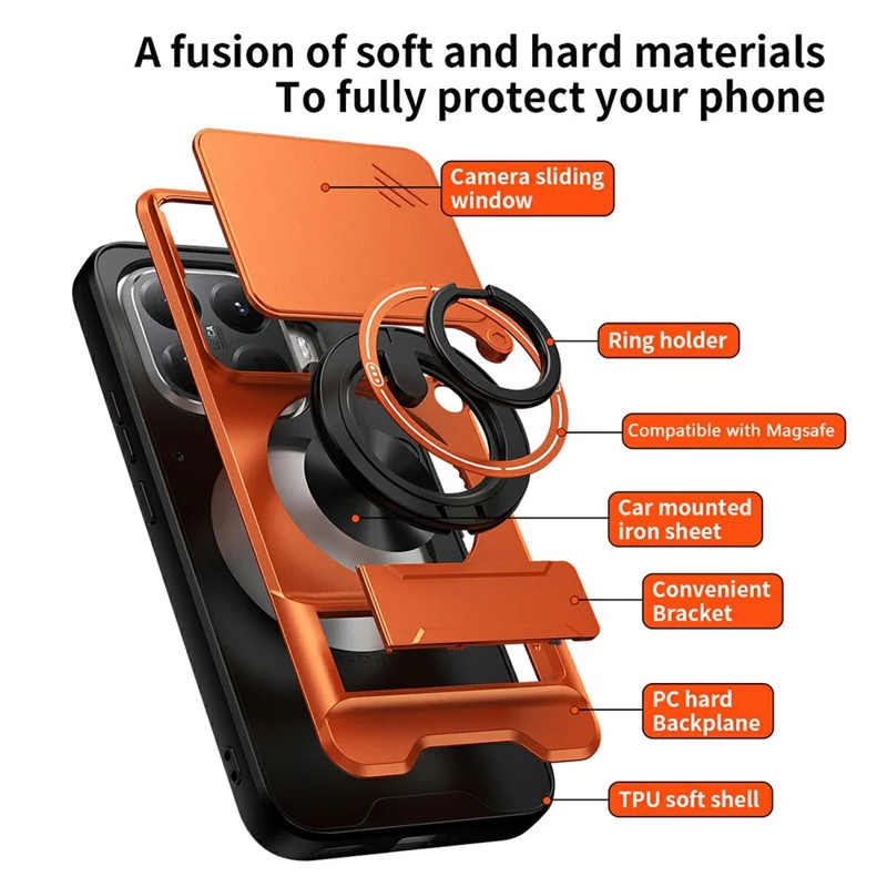 For Xiaomi 15T Pro Magnetic Case Ring Holder Foldable Kickstand TPU PC Phone Cover with Camera Lens Slider - Orange