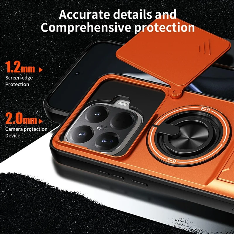For Xiaomi 15T Pro Magnetic Case Ring Holder Foldable Kickstand TPU PC Phone Cover with Camera Lens Slider - Orange