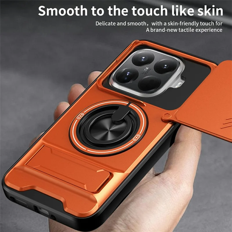 For Xiaomi 15T Pro Magnetic Case Ring Holder Foldable Kickstand TPU PC Phone Cover with Camera Lens Slider - Orange