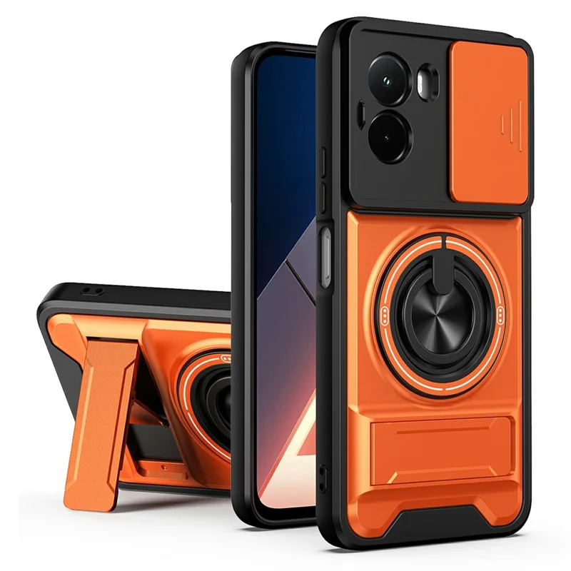 For Xiaomi Poco M7 4G (169mm)  /  Poco M7 Plus 5G Magnetic Case Ring Holder Foldable Kickstand TPU PC Phone Cover with Camera Lens Slider - Orange